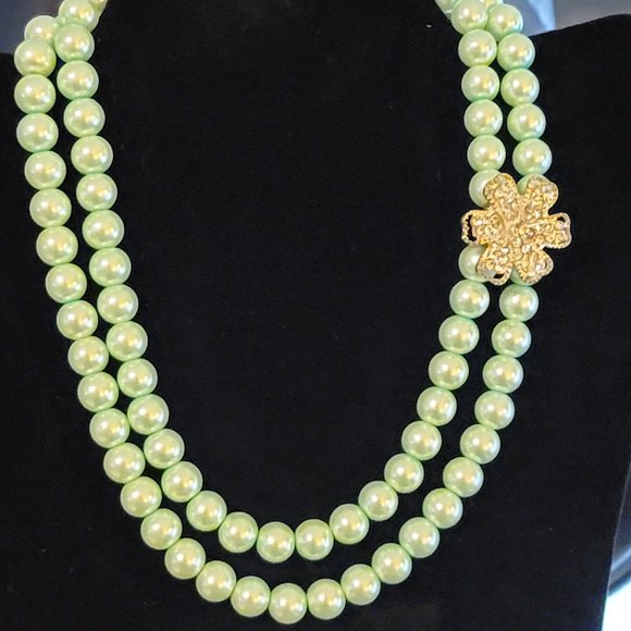 Double Strand Green Beads With Flower Accent - Picture 1 of 2